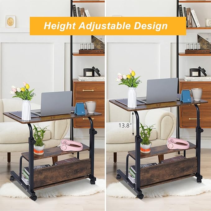 Portable Rolling Desk Adjustable Laptop Desk Small Standing Desk Home Office Desks for Small Spaces Table, 31.5" Rustic Uplift Study Desk Mobile Computer Work Desk on Wheels - LeafyLoom
