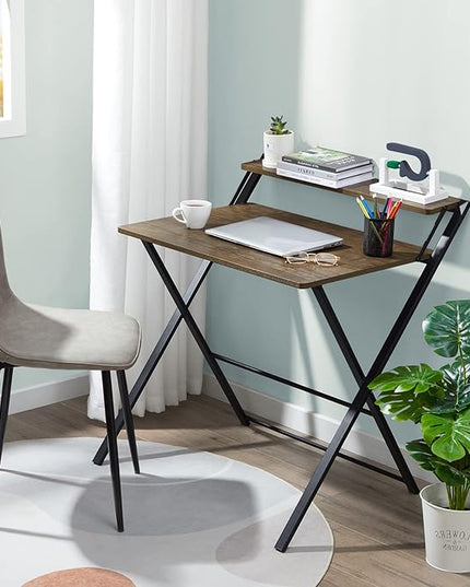 GreenForest Folding Computer Desk No Assembly Required 2 Tier Computer Desk with Shelf Space Saving Small Foldable Fully Unfold 32 X 24.5 inch, Brown, Large Size:29.5 X 20.47 - LeafyLoom