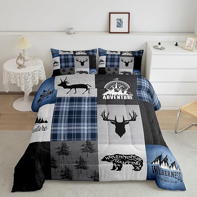 Deer Antler Bear Kids Comforter Set Twin Size,Hunting Adventure Bedding Set for Boys Girls Adults Room Decor,Geometric Plaids Patchwork Down Comforter,Rustic Farmhouse Duvet Insert,1 Pillowcase - LeafyLoom