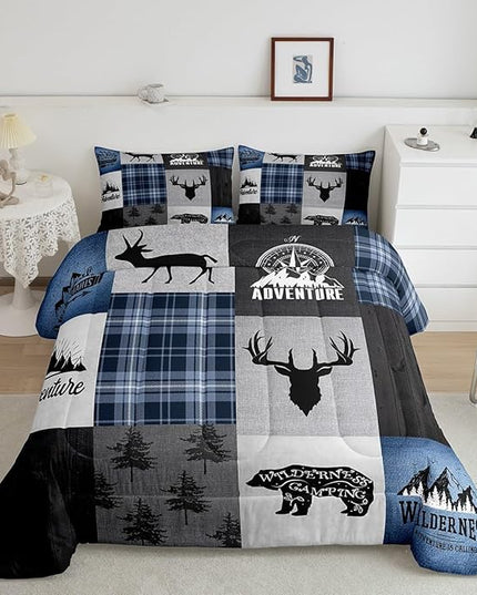 Deer Antler Bear Kids Comforter Set Full Size,Hunting Adventure Bedding Set for Boys Girls Adults Room Decor,Geometric Plaids Patchwork Down Comforter,Rustic Farmhouse Duvet Insert,2 Pillowcases - LeafyLoom