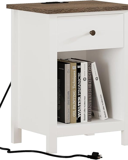 ChooChoo Farmhouse Nightstand with Charging Station, Wooden Top Bedside End Table with Drawer and Storage Space for Bedroom, White - LeafyLoom