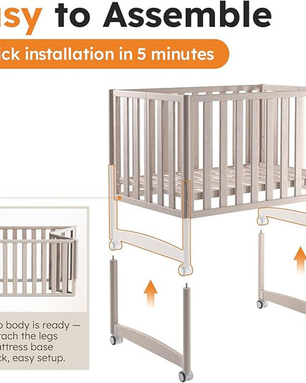 EvoNook 7-in-1 Convertible Mini Crib - Washed White, Portable Folding Baby Mini Crib with 1.5 Inch Mattress, 100% New Zealand Pinewood, 4 Adjustable Mattress Heights - LeafyLoom