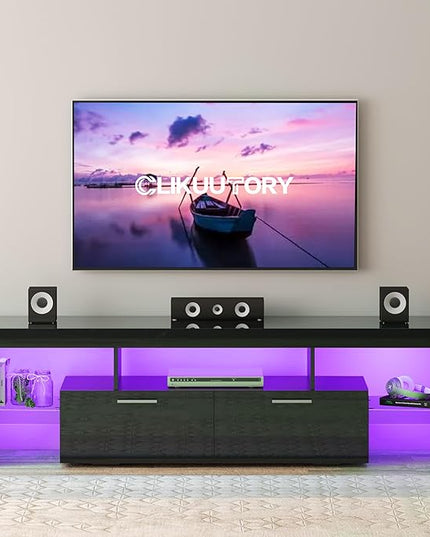 Clikuutory Modern LED 71 inch long TV Stand with Storage Drawer for 50 55 60 65 70 75 80 Inch TVs, Black Wood TV Console with High Glossy Entertainment Center for Gaming, Living Room, Bedroom - LeafyLoom