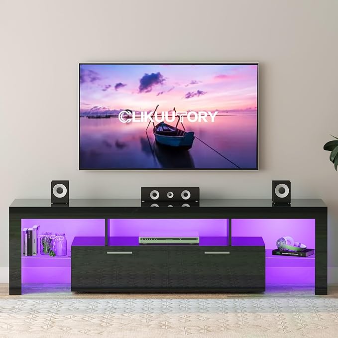 Clikuutory Modern LED 71 inch long TV Stand with Storage Drawer for 50 55 60 65 70 75 80 Inch TVs, Black Wood TV Console with High Glossy Entertainment Center for Gaming, Living Room, Bedroom - LeafyLoom