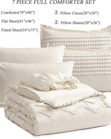 KAKIJUMN White Tufted Comforter Set Full Size 7 Piece Bed in a Bag, Shabby Chic Boho Comforter and Sheet Set, Pom Pom Textured Bed Set, All Season Soft Microfiber Complete Bedding Set(White,Full) - LeafyLoom