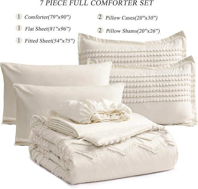 KAKIJUMN White Tufted Comforter Set Full Size 7 Piece Bed in a Bag, Shabby Chic Boho Comforter and Sheet Set, Pom Pom Textured Bed Set, All Season Soft Microfiber Complete Bedding Set(White,Full) - LeafyLoom
