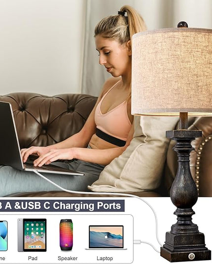 BOBOMOMO Retro 27" USB Charging Ports A/C 3 Way Dimmable Touch Control Black Farmhouse Lamps for Bedrooms Retro Side Table Lamps Set of 2 Bedside Lamp for Side Nightstand Living Room(Bulb Included) - LeafyLoom