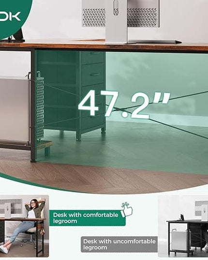 AODK L Shaped Desk with 4 Tier Drawers, 61" Reversible Gaming Desk with Power Outlets, L Shaped Computer Desk with USB Charging Port and Host Stand, Home Office Corner Desk, Easy to Assemble, Vintage - LeafyLoom