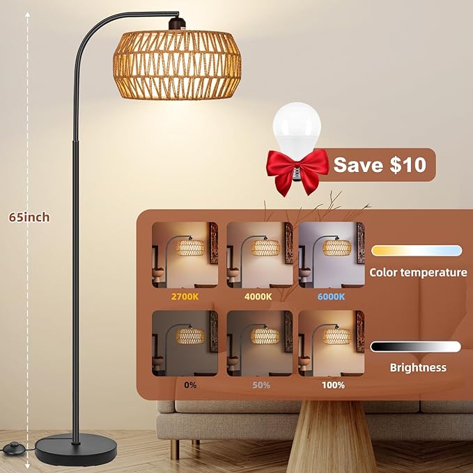 Floor Lamp with Remote, Rattan Standing Lamp with Rattan & Linen Shades, Boho Farmhouse Standing Lamps with Stepless Dimmable Bulb, Black Metal Base Rattan Lamp for Living Room, Bedroom, Office - LeafyLoom