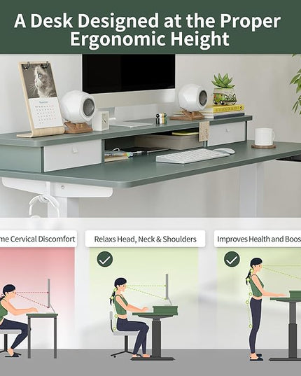 FEZIBO 55 x 24 Inch Height Adjustable Electric Standing Desk with Double Drawer, Stand Up Desk with Storage Shelf, Sit Stand Desk, Green - LeafyLoom