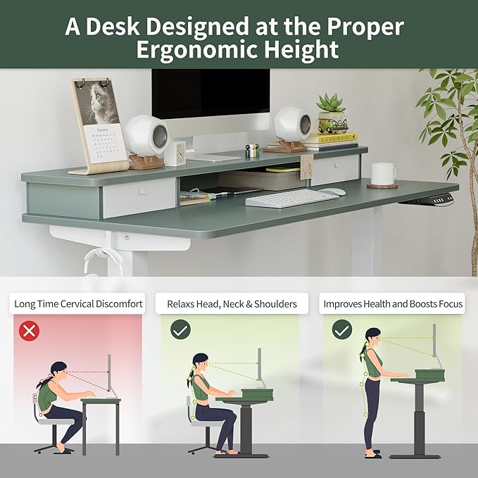 FEZIBO 55 x 24 Inch Height Adjustable Electric Standing Desk with Double Drawer, Stand Up Desk with Storage Shelf, Sit Stand Desk, Green - LeafyLoom