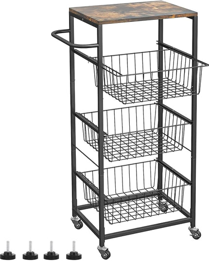 AIYAKA Kitchen Storage Cart 4 Tier Utility Rolling Microwave Cart on Wheels with Pull-Out Baskets and Wood Top for laundry room pantry bathroom, Brown - LeafyLoom