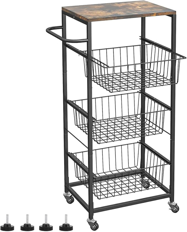 AIYAKA Kitchen Storage Cart 4 Tier Utility Rolling Microwave Cart on Wheels with Pull-Out Baskets and Wood Top for laundry room pantry bathroom, Brown - LeafyLoom