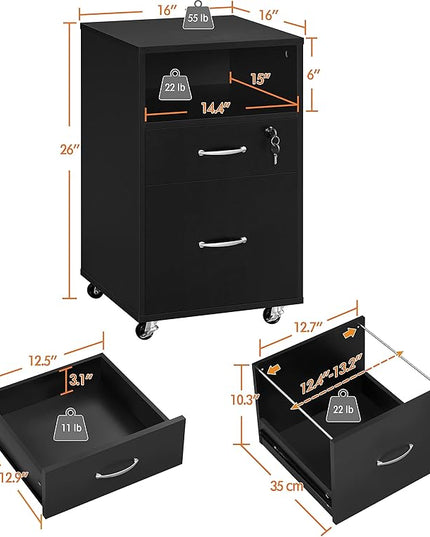 Yaheetech File Cabinet, Under Desk Vertical Cabinet with 2 Drawers and Open Compartment, Printer Stand with Lockable Wheels for A4 Letter Size Hangable File Folders for Home Office(Black) - LeafyLoom