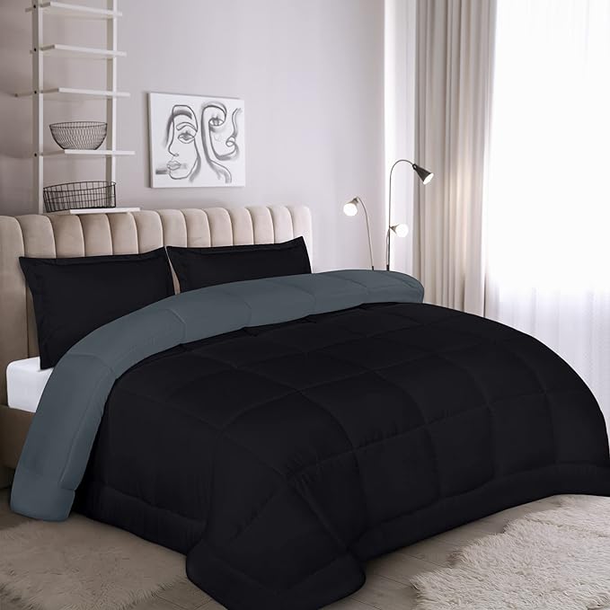Utopia Bedding Queen Size Comforter Set with 2 Pillow Shams, Bedding Comforter Sets, Down Alternative Reversible Black/Grey Comforter, Soft and Comfortable, Machine Washable - LeafyLoom
