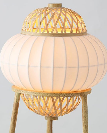 Hikari - Japanese Boho-Chic - Floor Lamp with Shelf Adjustable Height, Silk, Bamboo Woven Shade, for Living Room, Bedroom, Study - UL Listed - LeafyLoom