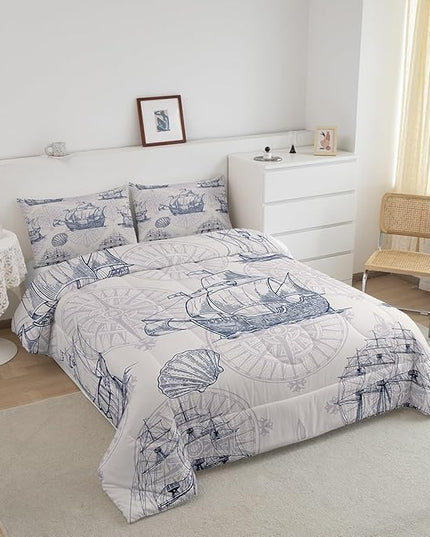 Nautical Comforter Set Sailboat Down Comforter Twin,Blue White Vintage Style Quilted Duvet Set Luxury Anchor Crab Pattern Bedding Insert Set for Kids, Adult Teen Boys Girls Bedroom Ocean Beach Decor - LeafyLoom
