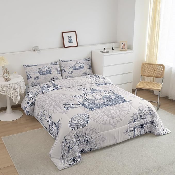 Nautical Comforter Set Sailboat Down Comforter Full,Blue White Vintage Style Quilted Duvet Set Luxury Anchor Crab Pattern Bedding Insert Set for Kids, Adult Teen Boys Girls Bedroom Ocean Beach Decor - LeafyLoom