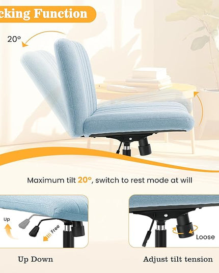 Armless Office Chair with Wheels, Wide Seat Fabric Desk Chair, Height Adjustable Cross Legged Computer Chair for Home Office, Swivel Modern Accent Chair Light Blue - LeafyLoom