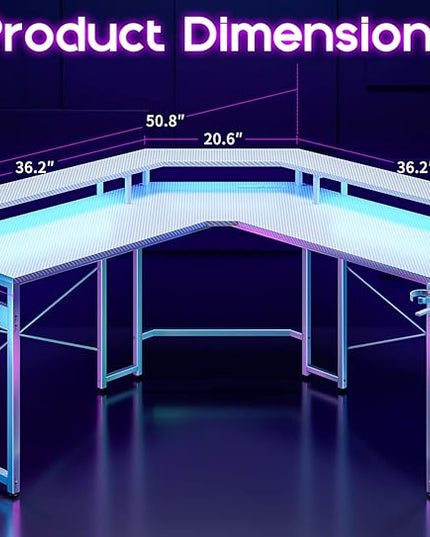 ODK L Shaped Gaming Desk with LED Lights & Power Outlets, 51" Computer Desk with Full Monitor Stand, Corner Desk with Cup Holder, Gaming Table with Hooks, White Carbon Fiber - LeafyLoom