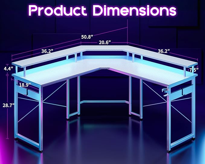ODK L Shaped Gaming Desk with LED Lights & Power Outlets, 51" Computer Desk with Full Monitor Stand, Corner Desk with Cup Holder, Gaming Table with Hooks, White Carbon Fiber - LeafyLoom