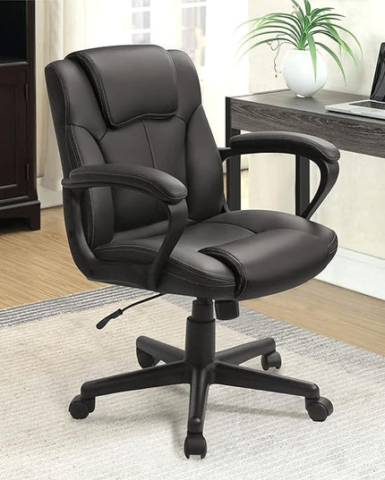 Executive Office Chair Swivel Task Seat with Ergonomic Mid-Back, Waist Support, PU Leather, Black - LeafyLoom