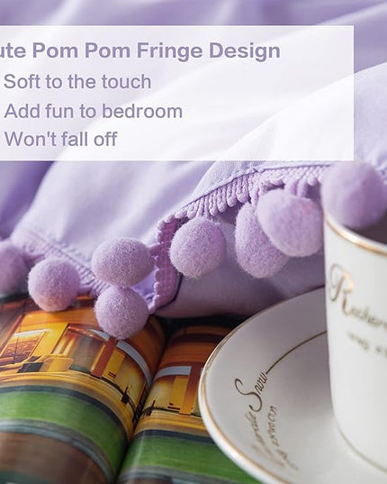 Litanika Queen Size Comforter Set Lavender Purple,3 Pieces Lavender Purple Boho Pom Pom Lightweight Bed Comforter, All Season Soft Bedding Comforter Sets (1 Comforter 90x90 Inch, 2 Pillowcases) - LeafyLoom