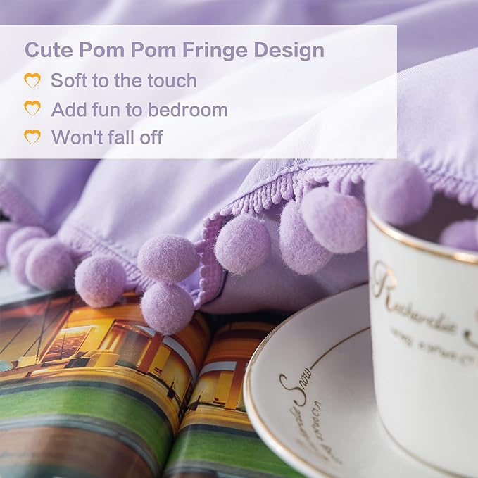 Litanika Queen Size Comforter Set Lavender Purple,3 Pieces Lavender Purple Boho Pom Pom Lightweight Bed Comforter, All Season Soft Bedding Comforter Sets (1 Comforter 90x90 Inch, 2 Pillowcases) - LeafyLoom