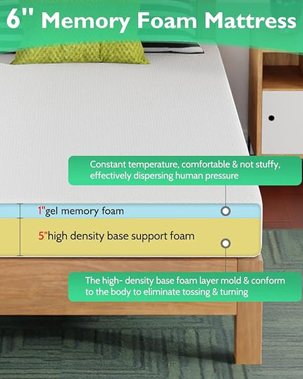 FDW Twin XL Mattress 6 inch Gel Memory Foam Mattress Medium Firm Mattresses for Cool Sleep Relieving Pressure Relief CertiPUR-US Certified Mattress in a Box - LeafyLoom