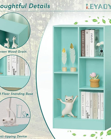 LEYAOYAO 5 Cube Bookshelf with Base,3 Tier Modern Mint-Green Kids Bookcase,Standing Wide Bookshelves Storage Organizer Toy Shelf,Wood Display Children's Book Shelves for Bedroom,Living Room,Nursery - LeafyLoom