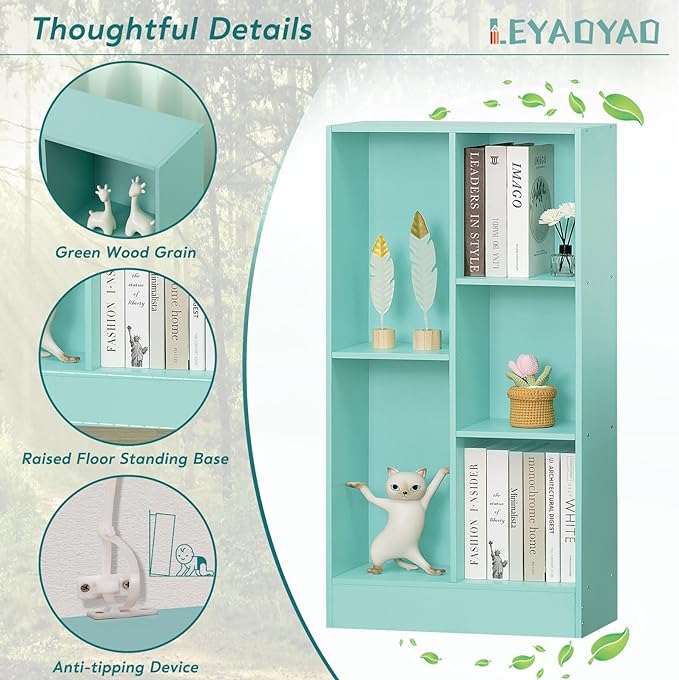 LEYAOYAO 5 Cube Bookshelf with Base,3 Tier Modern Mint-Green Kids Bookcase,Standing Wide Bookshelves Storage Organizer Toy Shelf,Wood Display Children's Book Shelves for Bedroom,Living Room,Nursery - LeafyLoom
