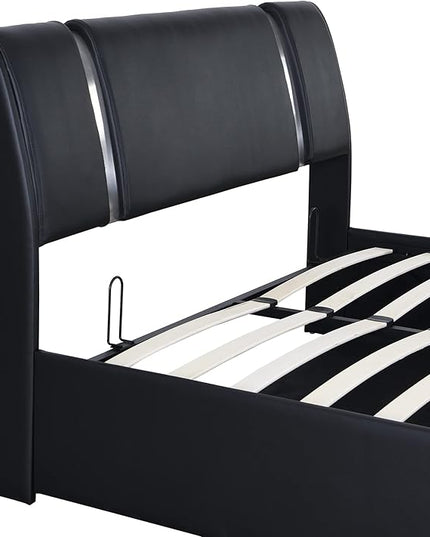 Modern Queen Size Upholstered Faux Leather Platform Bed with a Hydraulic Storage System, Metal Strips Headboard and Footboard, No Box Spring Needed, Sturdy Slat Support, Easy to Assemble - LeafyLoom