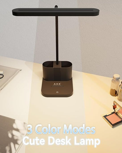 AXX Desk Lamp for College Dorm Room, School Study Supplies for Teens Kids, Office Desk Lights with Organizer/Storage, Desktop Lamp for Bedroom, LED, Small, Black, Pen Holder, Gooseneck - LeafyLoom