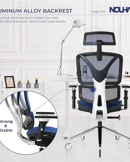 Nouhaus Ergonomic Office Chair Lumbar Support Aluminum Alloy Backrest, Big and Tall Mesh Computer Desk Chair with Adjustable Headrest, 4D Armrest and Premium Wheels(ErgoPRO,Blue) - LeafyLoom