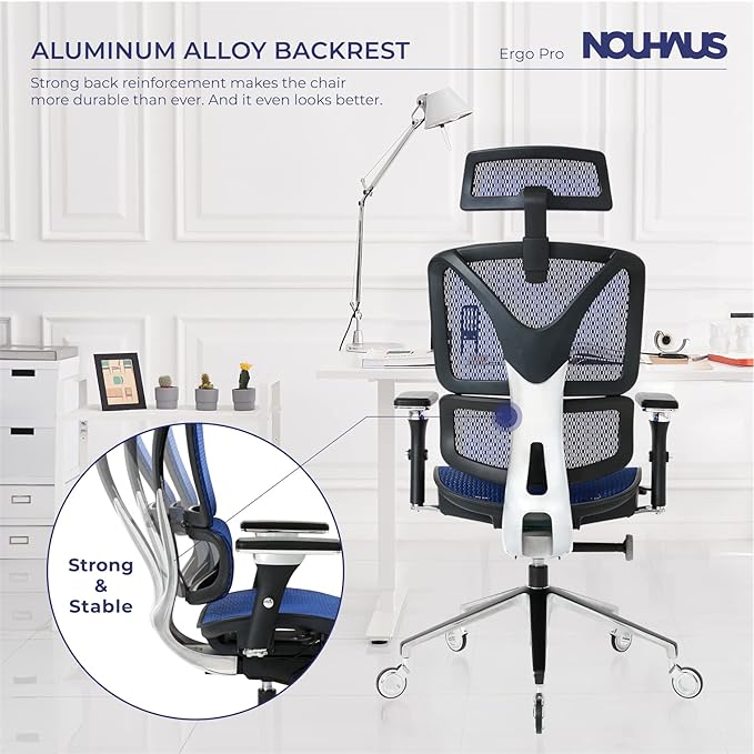 Nouhaus Ergonomic Office Chair Lumbar Support Aluminum Alloy Backrest, Big and Tall Mesh Computer Desk Chair with Adjustable Headrest, 4D Armrest and Premium Wheels(ErgoPRO,Blue) - LeafyLoom