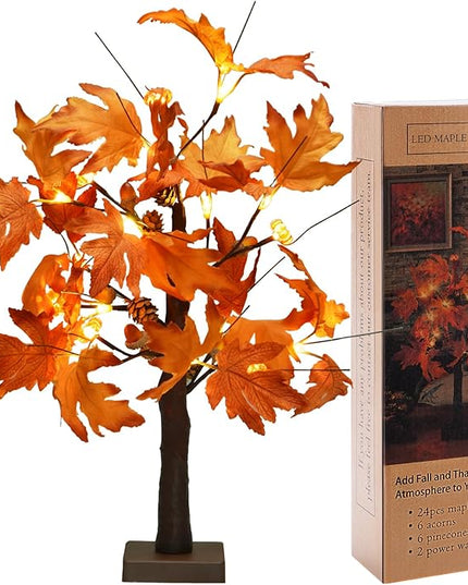 22 Inch Lighted Maple Tree Fall Tree Thanksgiving Tree Decorations with 6 Acorns & Pumpkins & Pinecones Autumn Decor with 18 LED Thanksgiving Decorations Indoor for Harvest, Fall, Party, Table - LeafyLoom