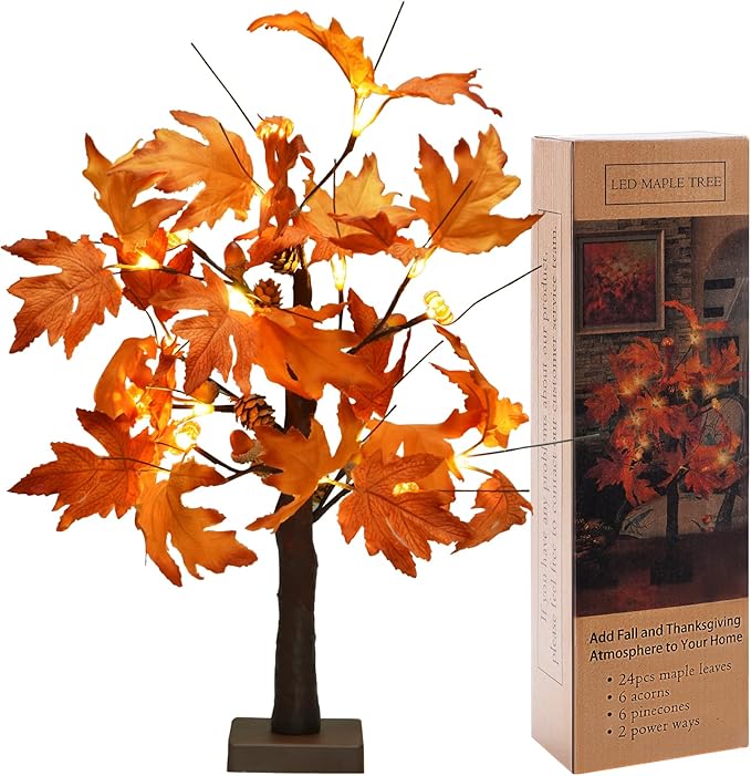 22 Inch Lighted Maple Tree Fall Tree Thanksgiving Tree Decorations with 6 Acorns & Pumpkins & Pinecones Autumn Decor with 18 LED Thanksgiving Decorations Indoor for Harvest, Fall, Party, Table - LeafyLoom