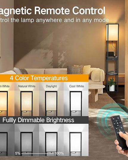 OUTON Dimmable Floor Lamp with Shelves, 1 Drawer, 2 USB-C Ports, 2 AC Outlets, LED Modern Floor Lamp with 3 Color Temperature, Storage Display Wood Standing Lamp for Living Room, Bedroom (Matte Black) - LeafyLoom