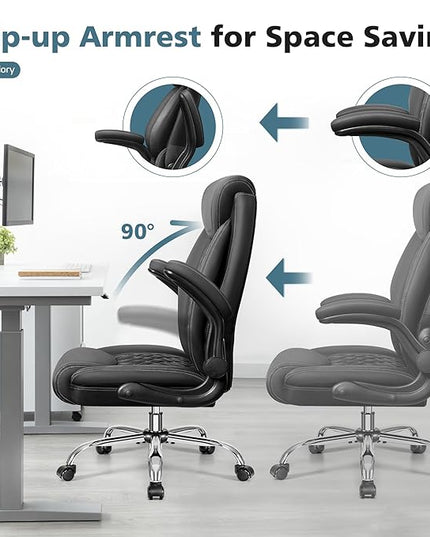 Office Chair, Ergonomic High Back Home Office Desk Chair, Big and Tall Breathable Leather Office Chair with Lumbar Support Flip-Up Armrests, Computer Chair with Rocking Function - LeafyLoom