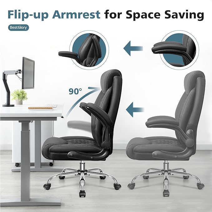 Office Chair, Ergonomic High Back Home Office Desk Chair, Big and Tall Breathable Leather Office Chair with Lumbar Support Flip-Up Armrests, Computer Chair with Rocking Function - LeafyLoom