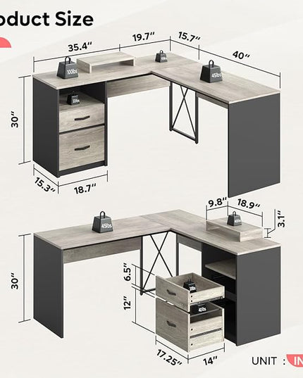 Bestier L Shaped Desk with Drawers, 55 inch Office L Desk with Reversible File Drawer, Industrial Wood Computer Desk with Monitor Stand (Retro Grey Oak Light) - LeafyLoom
