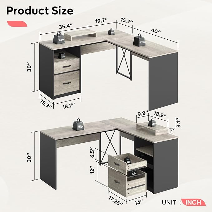 Bestier L Shaped Desk with Drawers, 55 inch Office L Desk with Reversible File Drawer, Industrial Wood Computer Desk with Monitor Stand (Retro Grey Oak Light) - LeafyLoom
