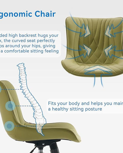 YOUNIKE Office Chair, Armless Desk Chair with Wheels, Home Office Computer Task Chairs, Modern Faux Leather Padded Vanity Chair, Adjustable Swivel Rolling Chairs with Back, Avocado Green - LeafyLoom