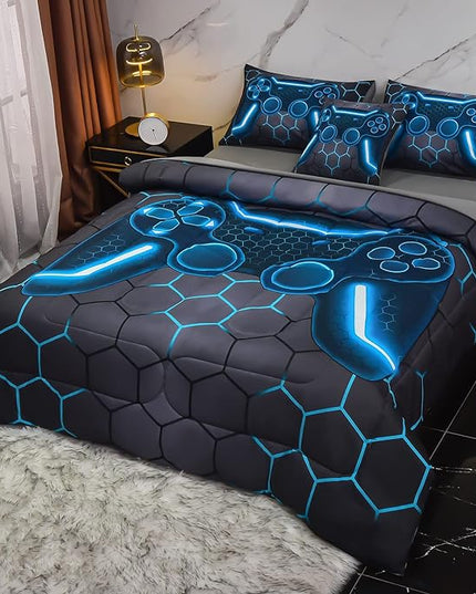 6Pcs Game Console Comforter Set with Sheets for Boys Girls Kids Teens, Geometric Gaming Themed Bed in A Bag Twin Size, Blue 3D Video Gamer Controller Bedroom Decor Bedding Set - LeafyLoom