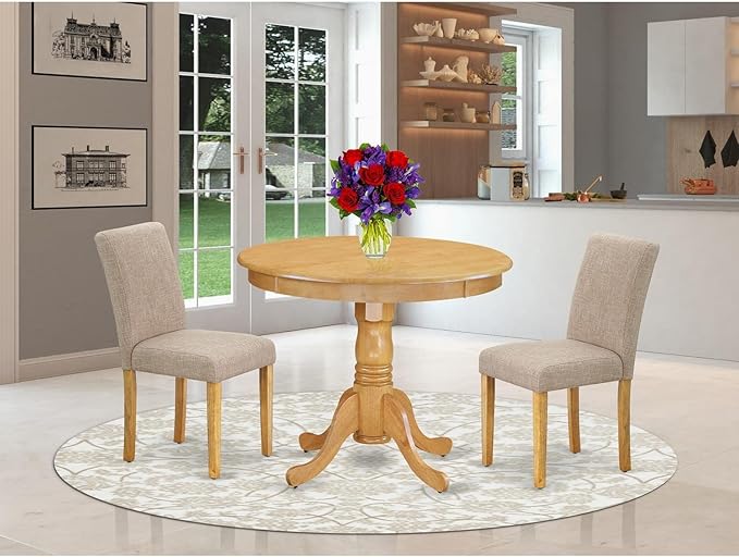 East West Furniture ANAB3-OAK-04 3 Piece Dinette Set for Small Spaces Contains a Round Dining Table with Pedestal and 2 Light Tan Linen Fabric Upholstered Chairs, 36x36 Inch - LeafyLoom