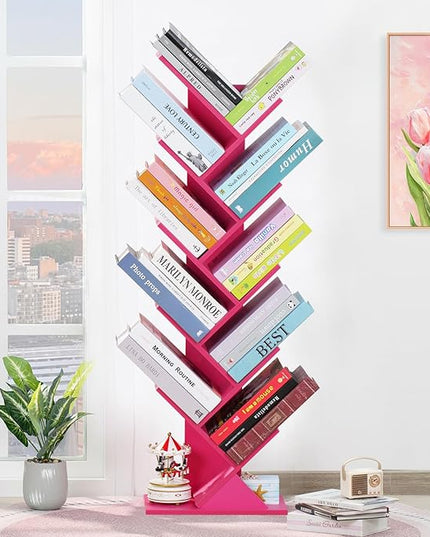 10 Tier Tree Book Shelf, Floor Standing Wood Bookshelf for Narrow Space, Storage Organizer Bookshelves for Books/CDs/Magazine, Bookcase with Shelves for Home Office, Living Room - Pink - LeafyLoom