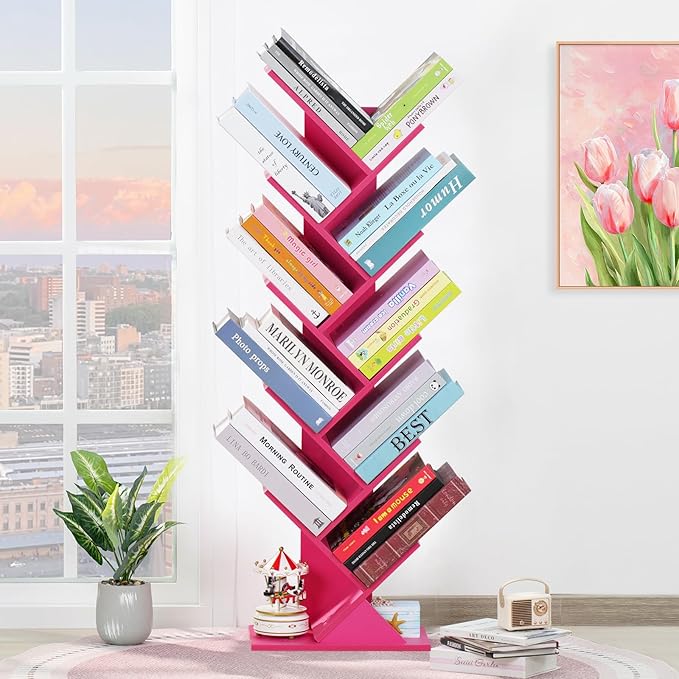 10 Tier Tree Book Shelf, Floor Standing Wood Bookshelf for Narrow Space, Storage Organizer Bookshelves for Books/CDs/Magazine, Bookcase with Shelves for Home Office, Living Room - Pink - LeafyLoom
