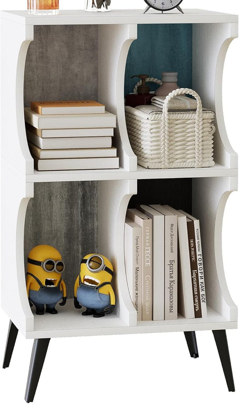 4 Cube Bookcase,White Open Cube Small Bookshelf Circle Arc Storage Shelf Display Cabinet Organizer,2 Tiers Modern Wooden Bookcase with Cubby Storage for Living Room,Bedroom,Office - LeafyLoom