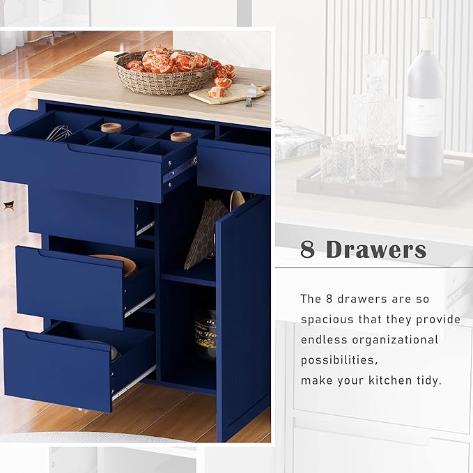 Mobile Cart with Rubber Wood Countertop, Kitchen Island on Lockable Wheels w/Drawer and Storage Cabinet for Dining Room, Bar, Dark Blue, 53.15 Inch - LeafyLoom