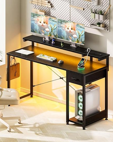 AODK Gaming Desk with LED Lights & Power Outlet, 55 Inch Computer Desk with Drawer, Reversible Desk with Adjustable Monitor Shelf & Headphone Hook for Home Office, Black - LeafyLoom